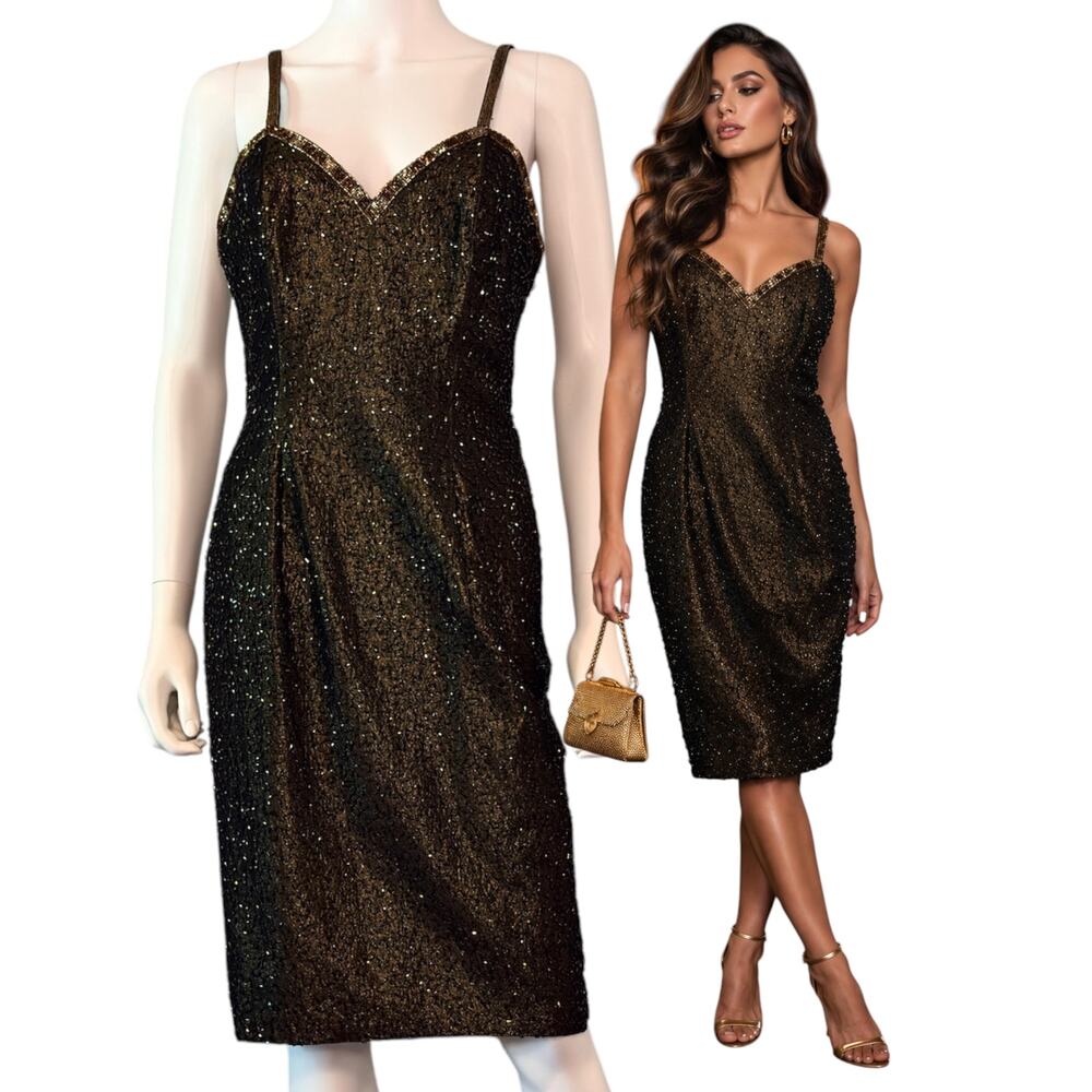 Vtg 80s Black Tie Beaded Metallic Cocktail Party Dress Size S Green Gold Midi